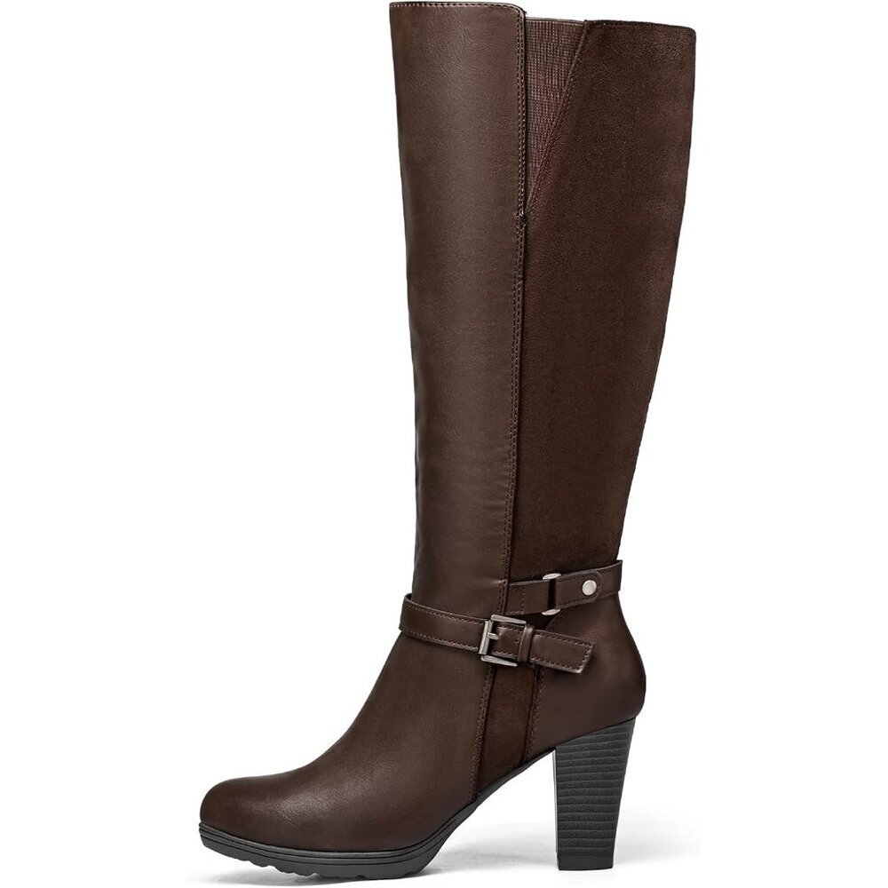 Women's Splicing Brown Knee High Imported Chunky Heel Boots With Zipper Shoes